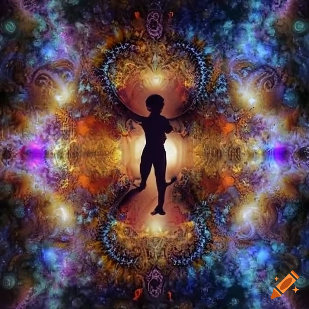 Dynamic artwork of human silhouette running in fractal universe of lights