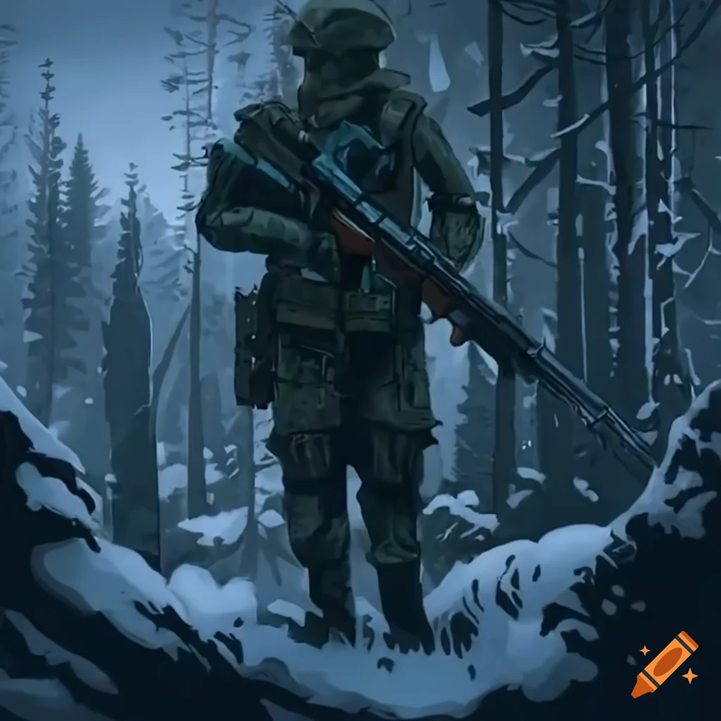 Soldado con armadura blanca en un bosque nevado