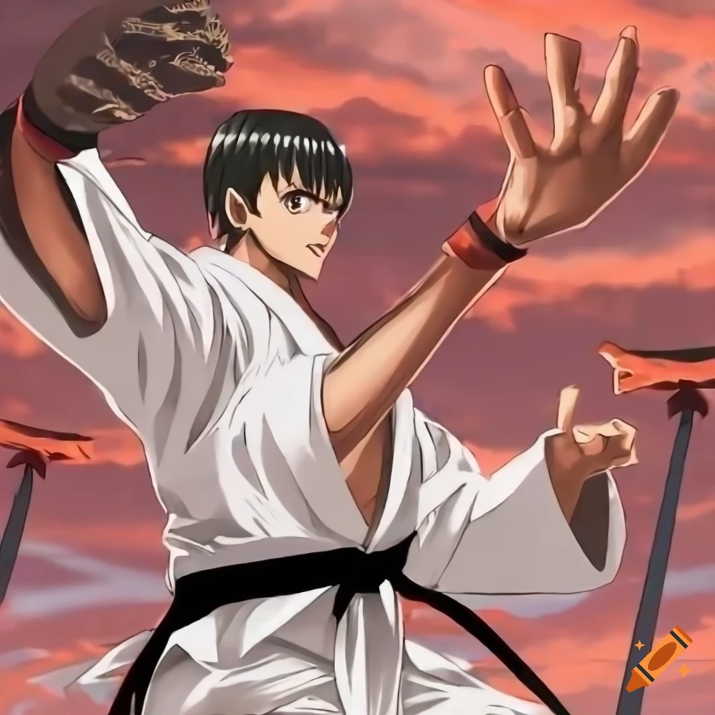 Karate fight in Tokyo city with anime male character against a monster in kimono, Torii in the background