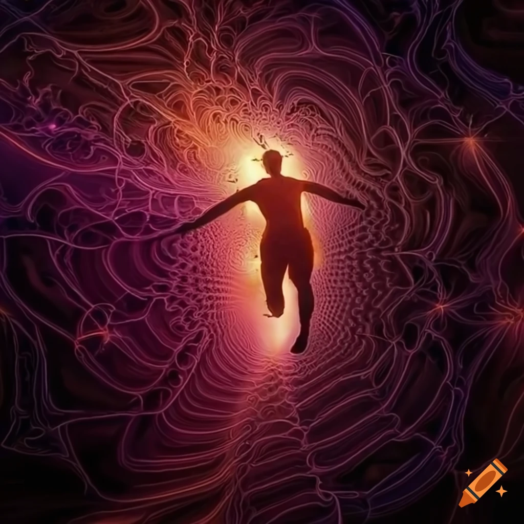 Human silhouette running in a fractal universe of infinite lights