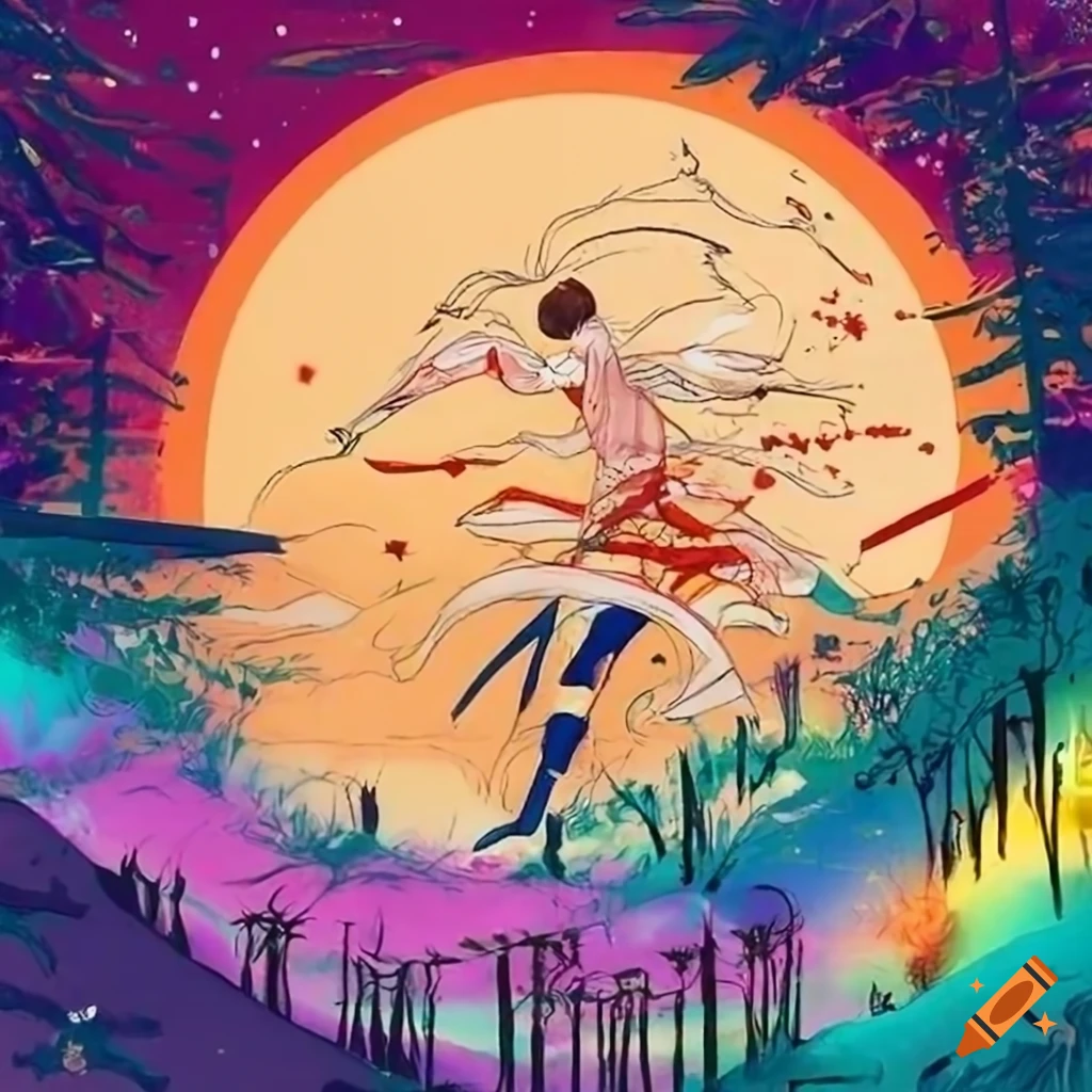 Epic battle of elegant warriors in a bamboo forest under a starry sky, inspired by Yoshitaka Amano