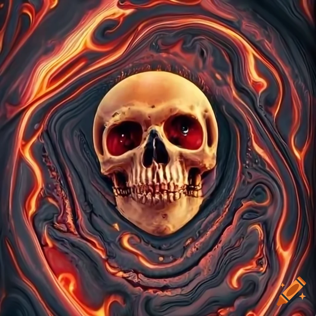 Detailed symmetrical skull with red eyes against a backdrop of swirling lava