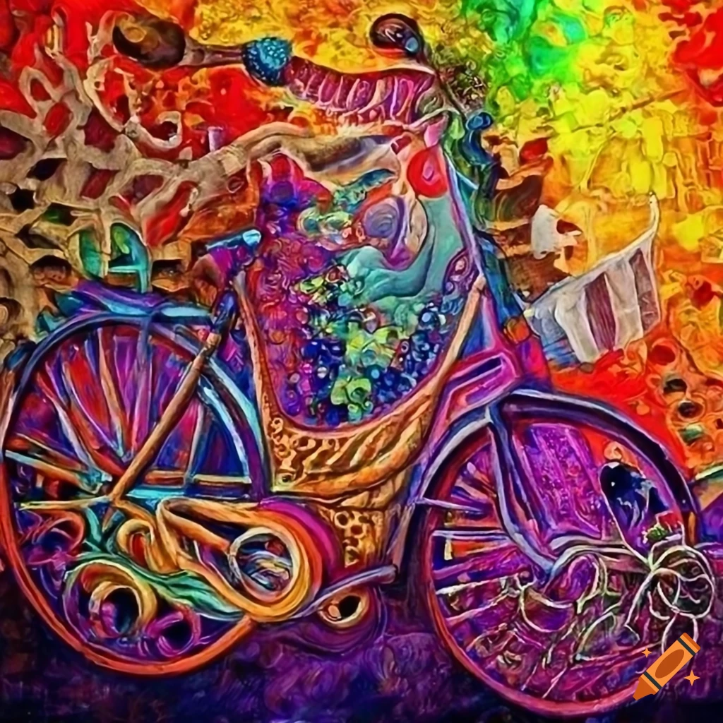 Supernatural patchwork art inspired by Da Vinci, Escher, Klimt, and Giger, featuring vivid colors and a purple bicycle