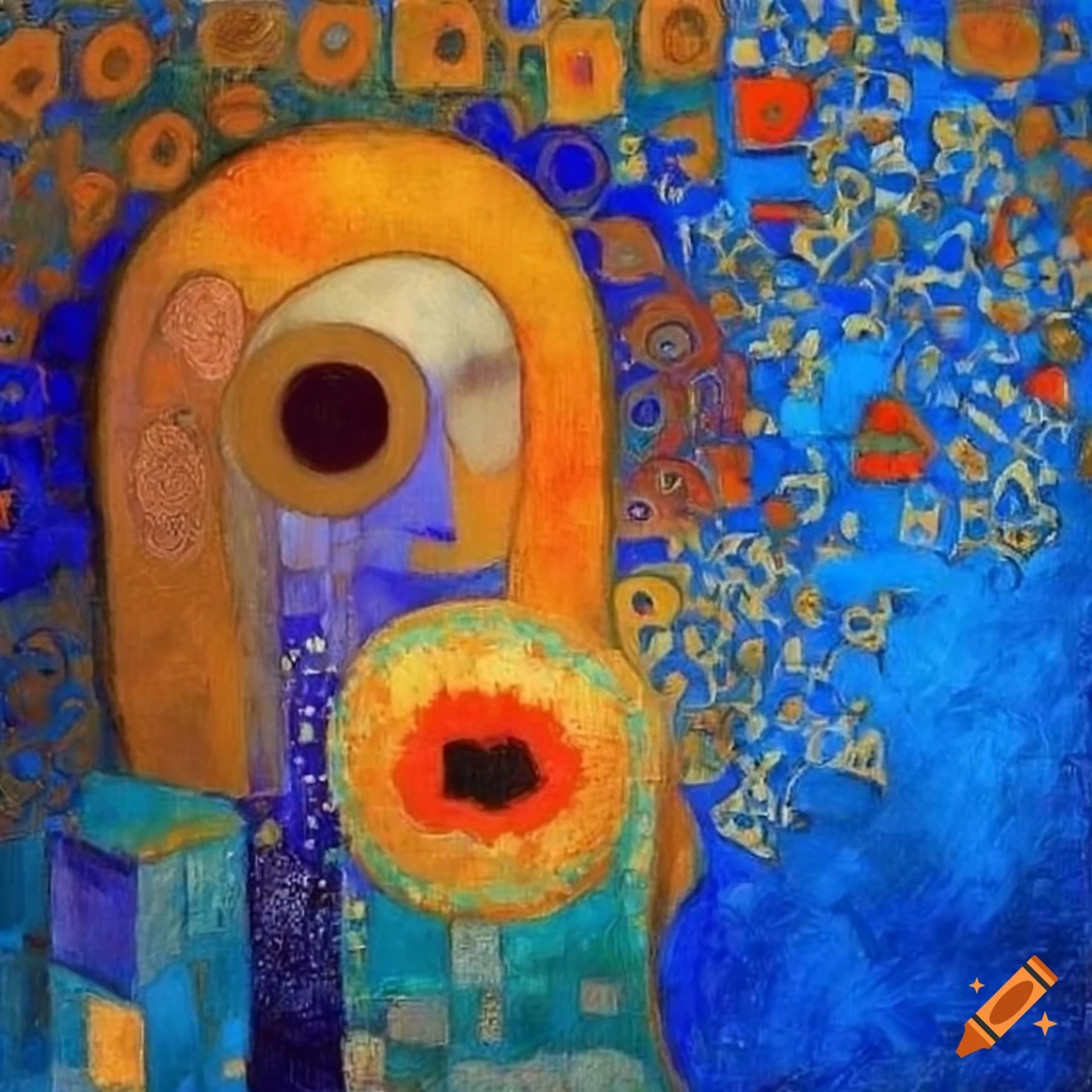 Geometric abstract art with blue squares and poppies in various colors