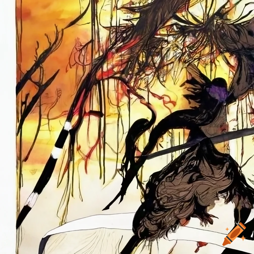 Black warrior battles white warrior in a bamboo forest at sunset, inspired by Yoshitaka Amano
