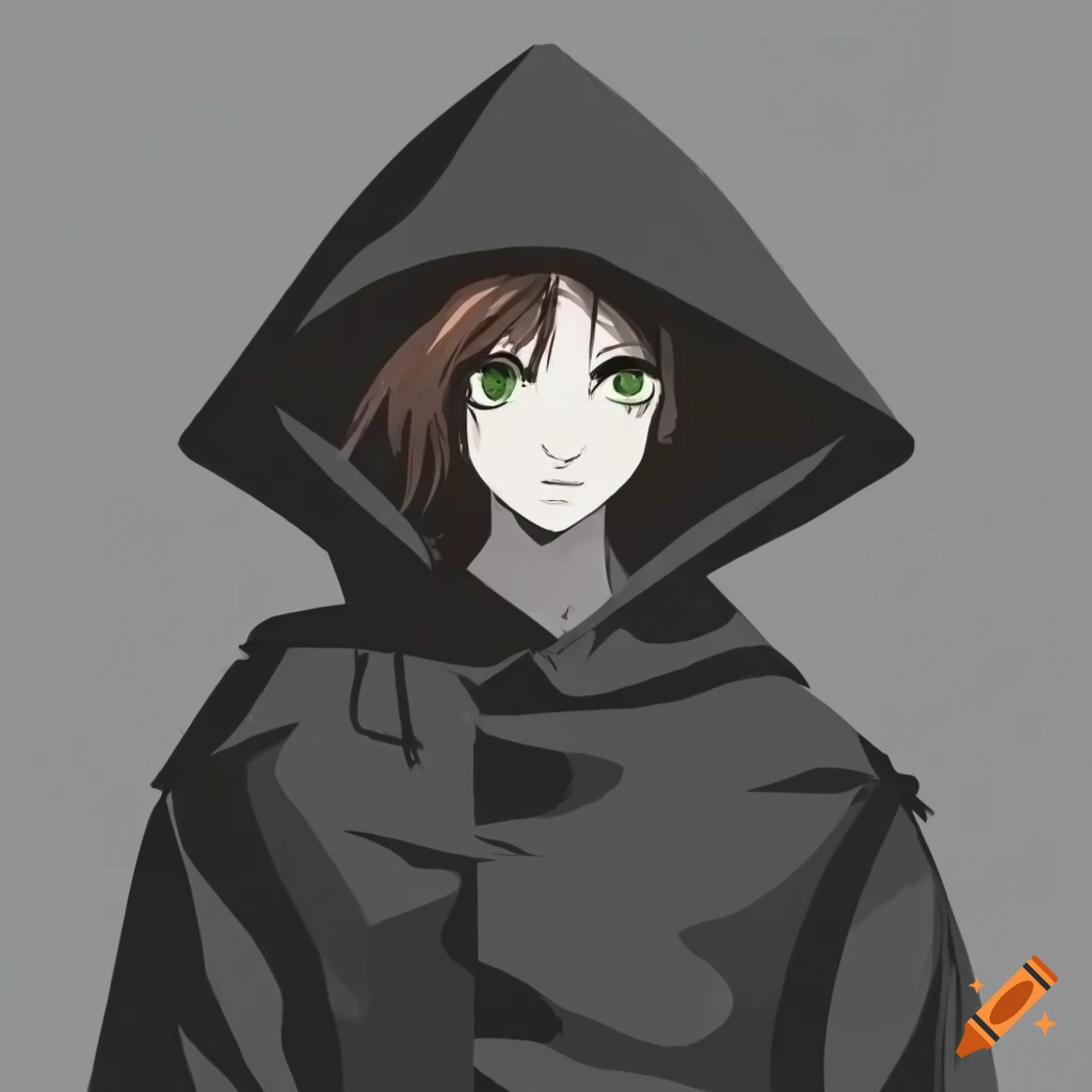 Brown-haired young man in medieval trenchcoat and hood with gray pants and black shoes