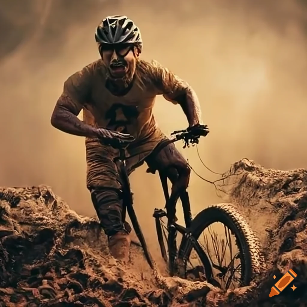 Mountain bike rider avoiding water and mud