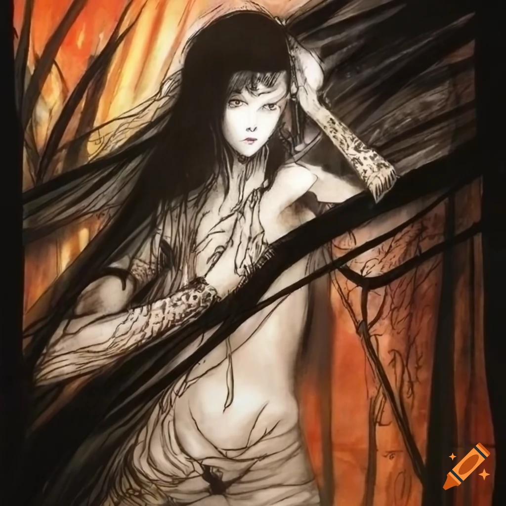 Black warrior fighting white warrior in a bamboo forest at sunrise in Amano-inspired art
