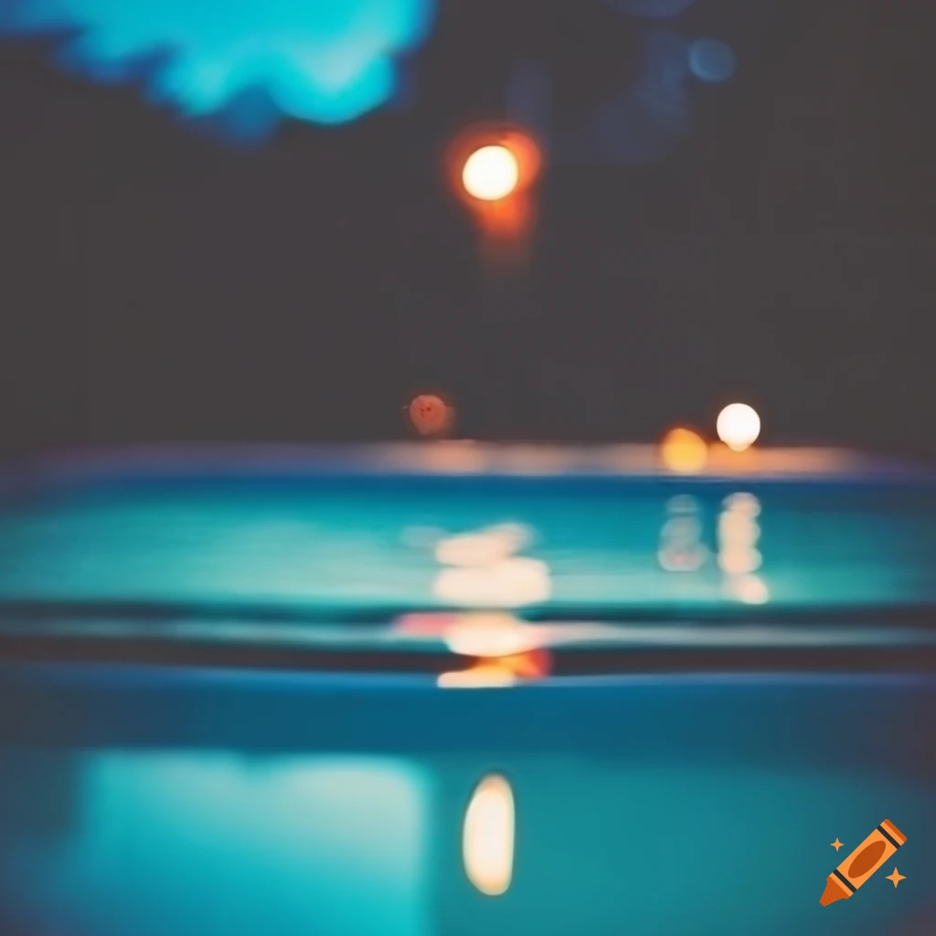 Nighttime outdoor pool with blue lights in a Polaroid style