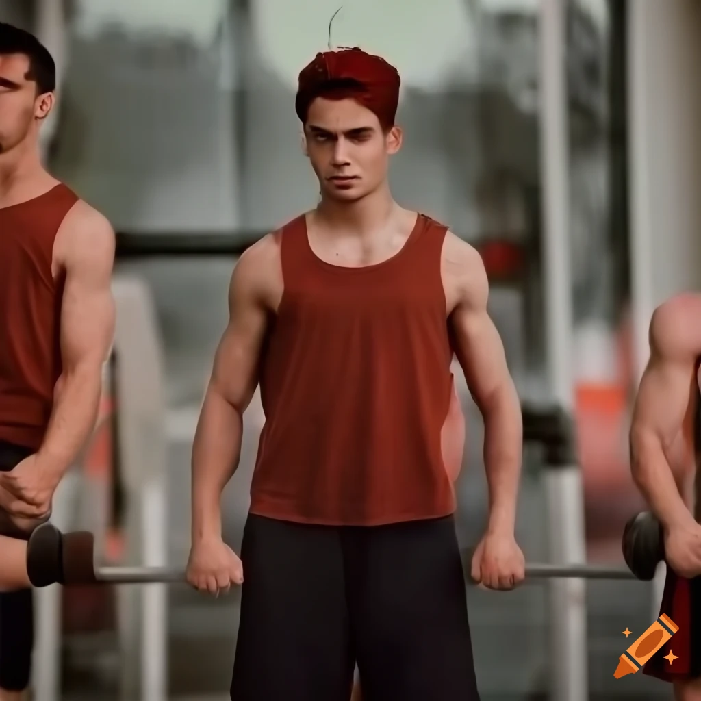 Short, wavy maroon hair men working out in a well-lit gym