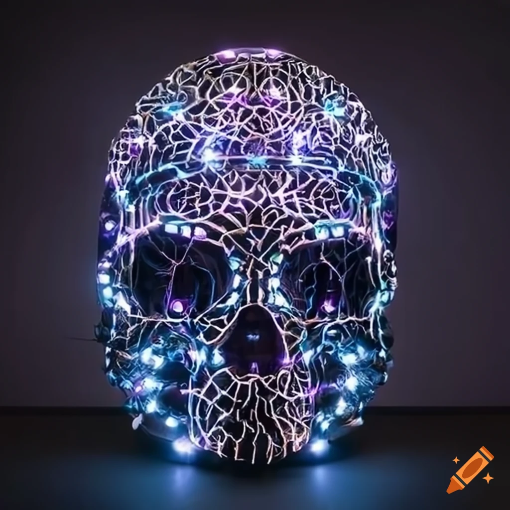 Futuristic lights display of a skull-shaped art sculpture