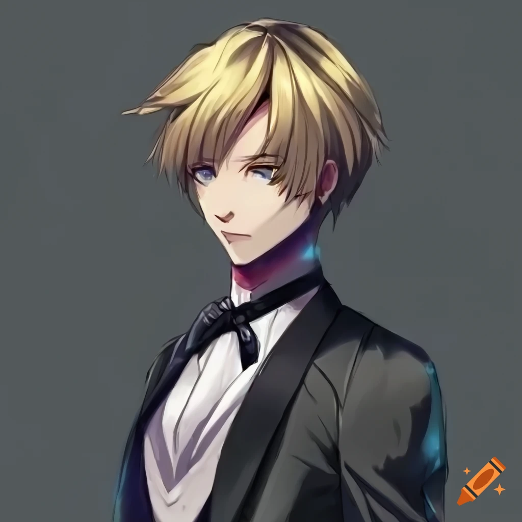 Anime character in a dark suit with androgynous features