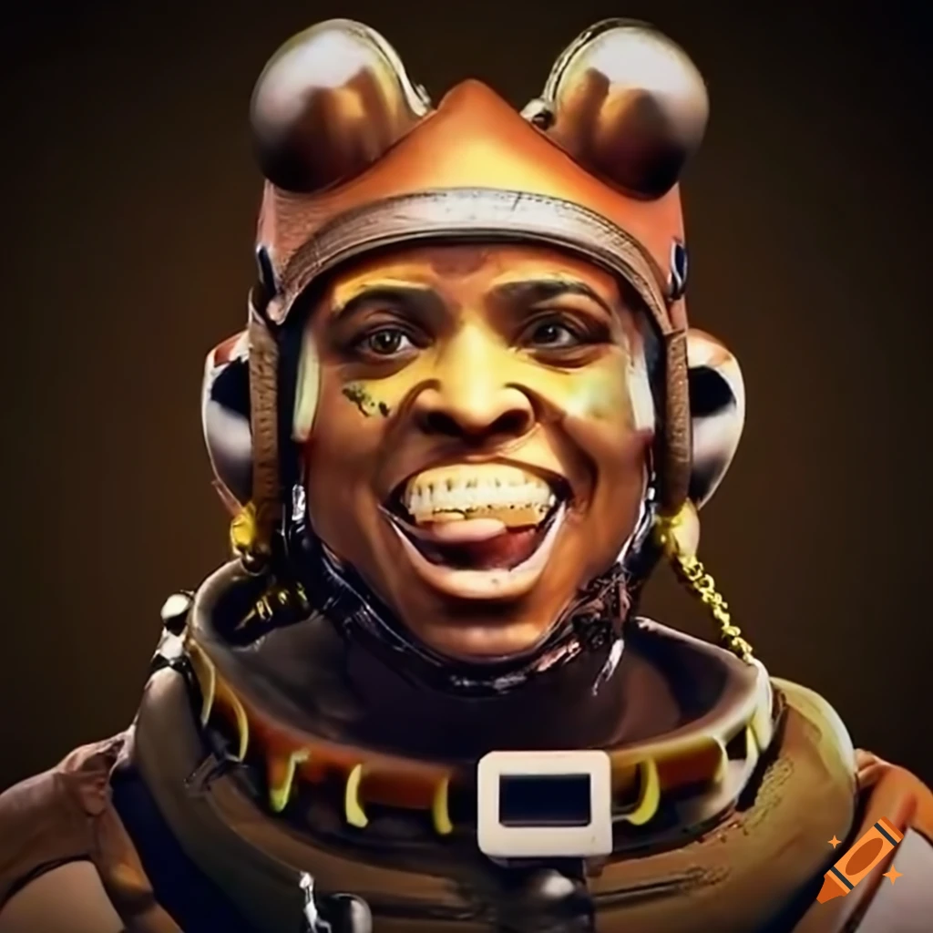 Person with diamond grillz in old diving suit holding up hands with autism test and cough syrup