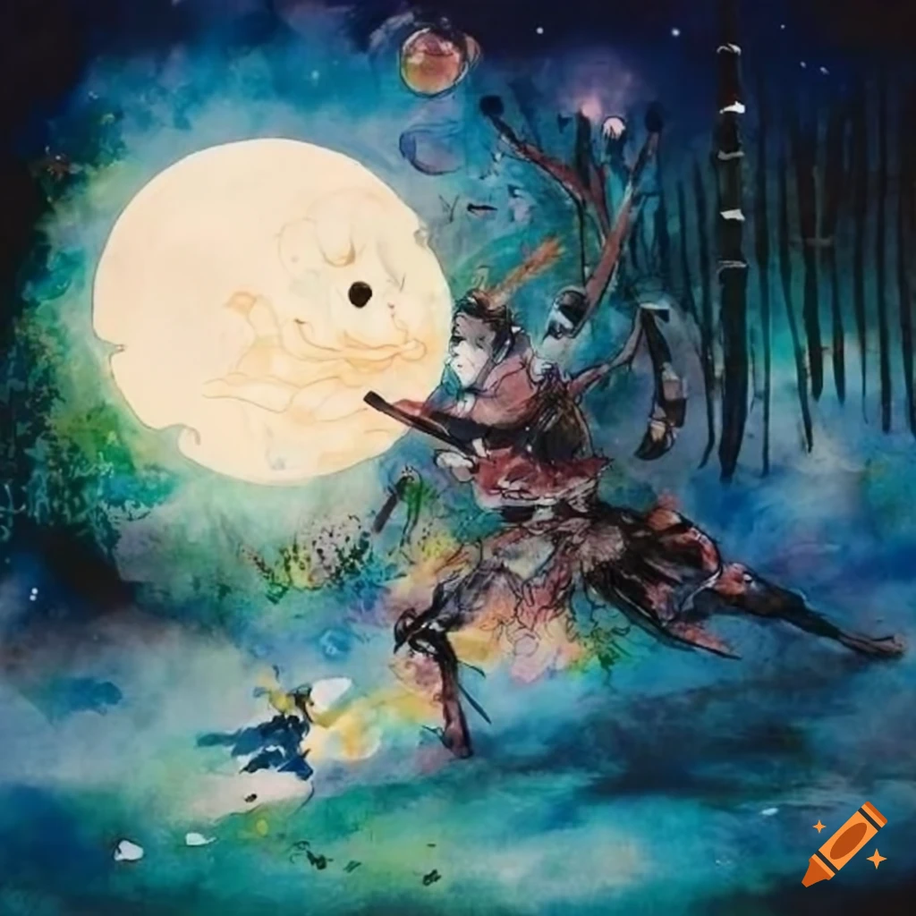 Epic battle of elegant warriors in a bamboo forest under a starry sky, inspired by Yoshitaka Amano