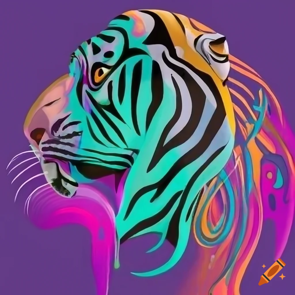 Tiger face in graffiti style with swirls and tribal spirals in vibrant colors