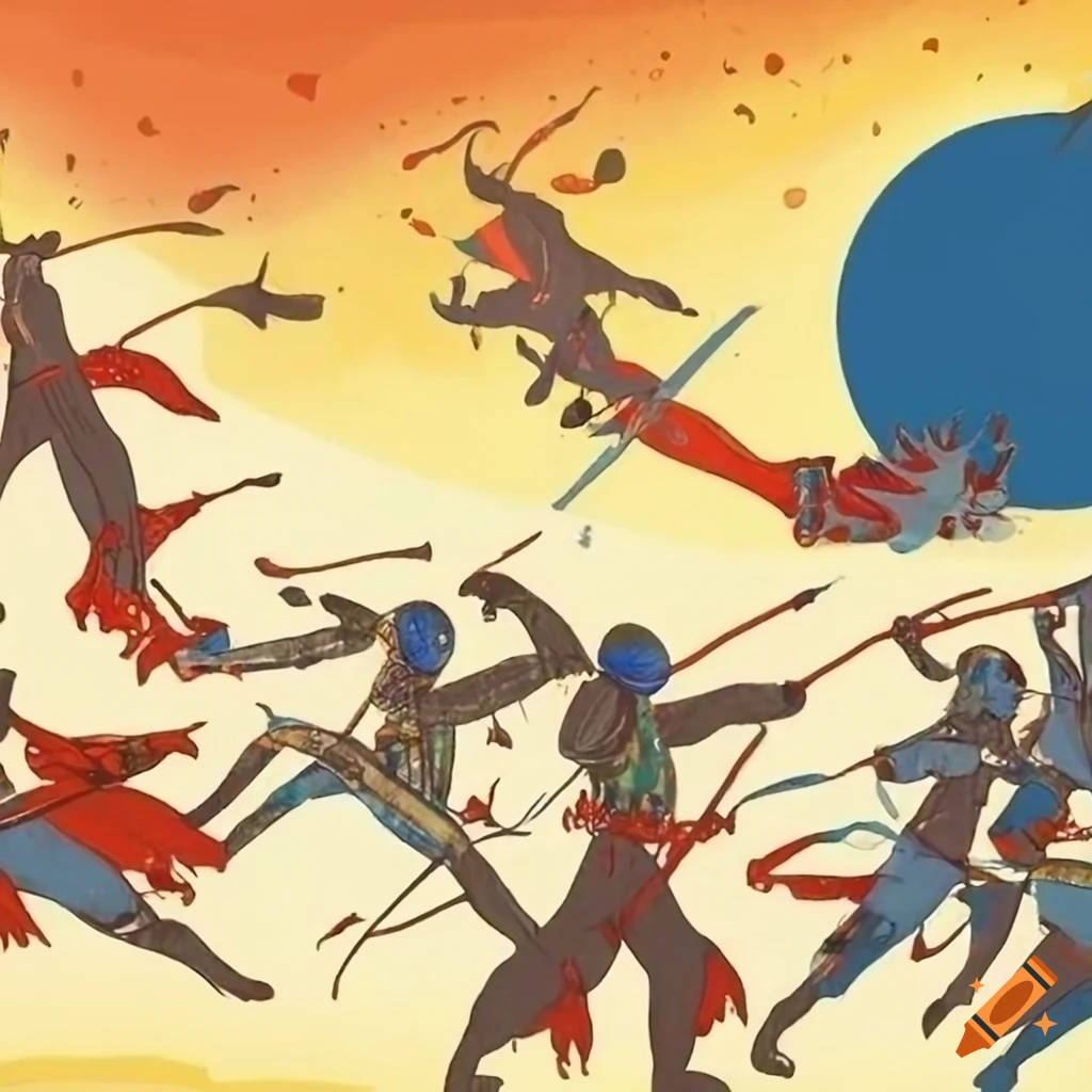 Epic battle of elegant warriors in a sunlit bamboo forest with stars and planets in the sky