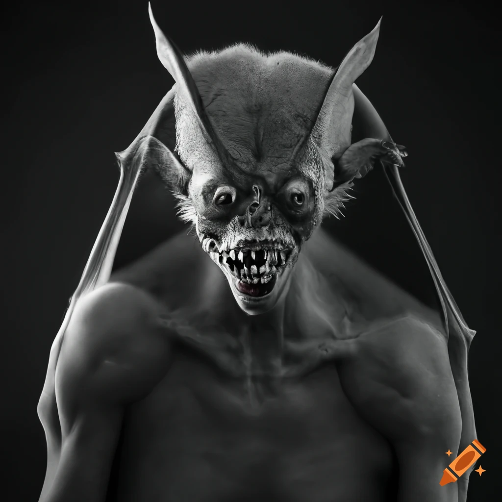 Bat-human hybrid mutant with wings and fangs in black and white