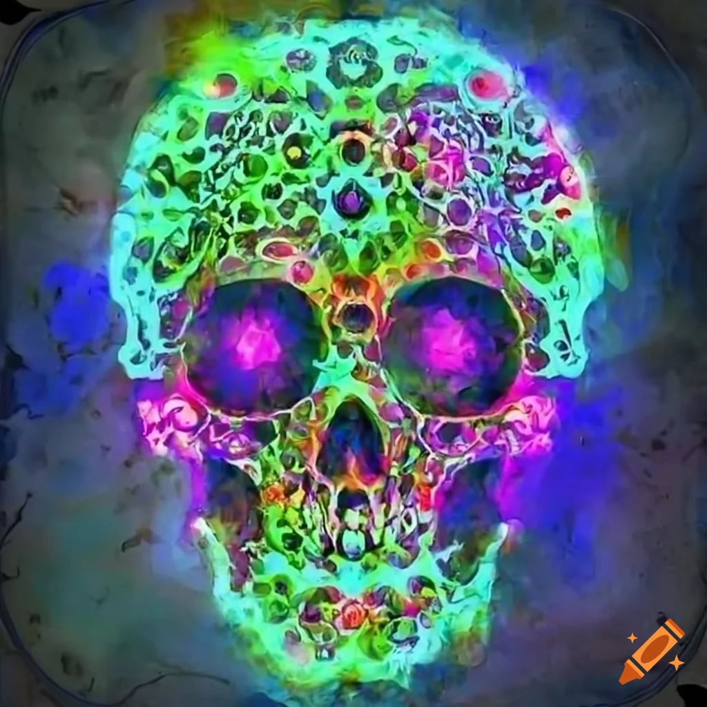 Skull made of glowing pills with psychedelic patterns surrounded by prescription pills and needles