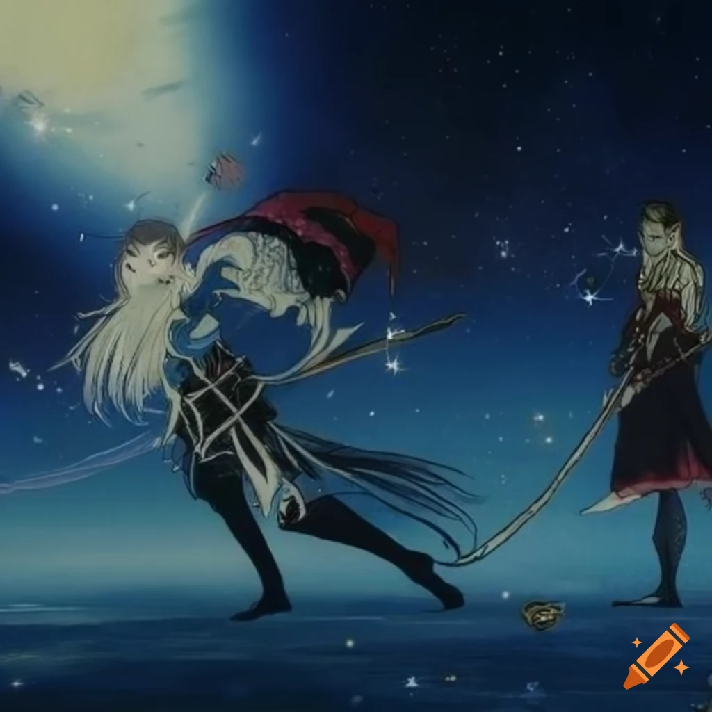 Epic battle of elegant warriors in a bamboo forest under a starry sky inspired by Yoshitaka Amano