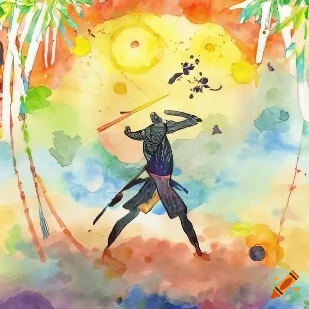 Epic battle of elegant warriors in a sunlit bamboo forest with stars and planets in the sky