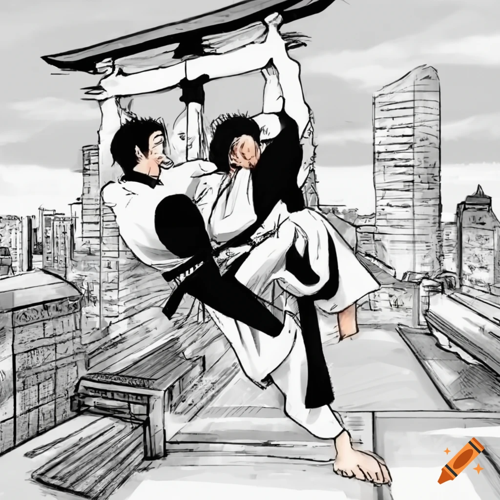 Karate fight in Tokyo with male character in anime art against monster, Torii in background, manga style