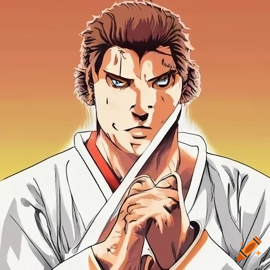 Karate fight in Tokyo: strong male character battling a big monster in do-gi kimono, with a Torii in the background