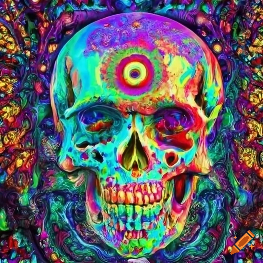 Colorful psychedelic skull emitting positive energy