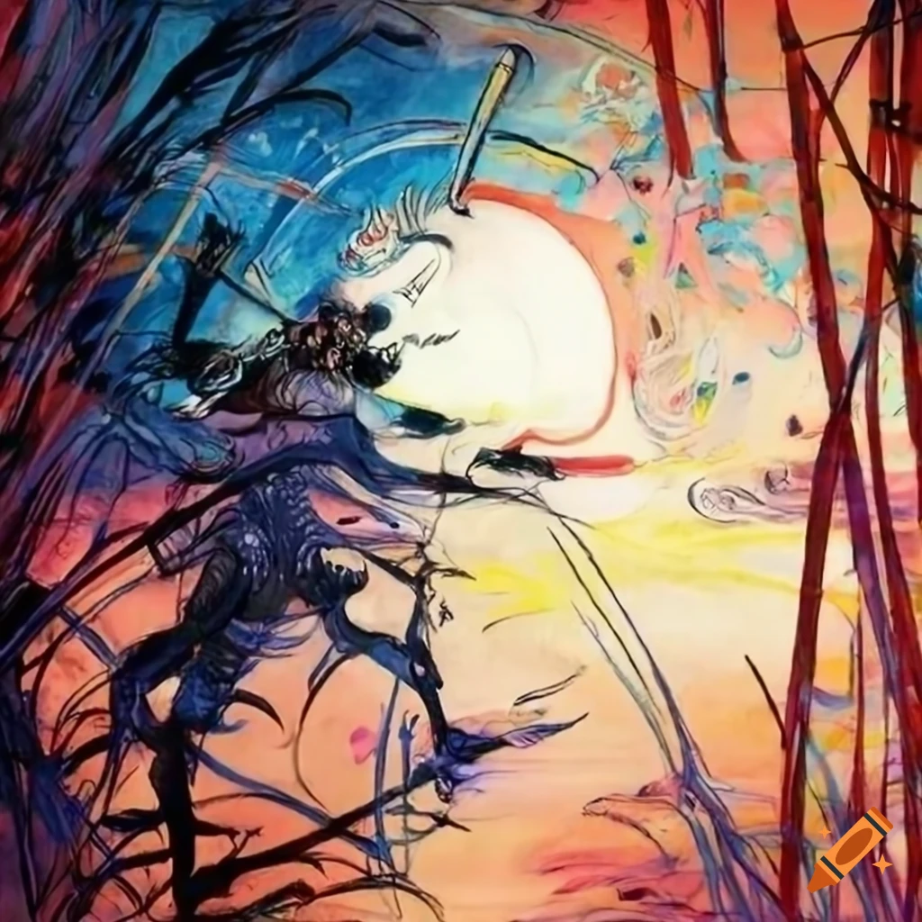 Epic battle of elegant warriors in a sunlit bamboo forest under a starry sky