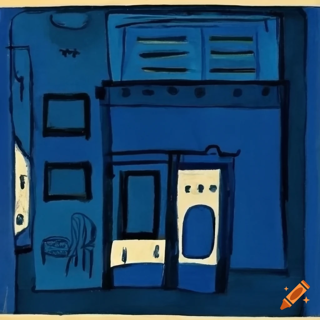Hotel room with bed, wardrobe, bathroom, and window in a Pablo Picasso style