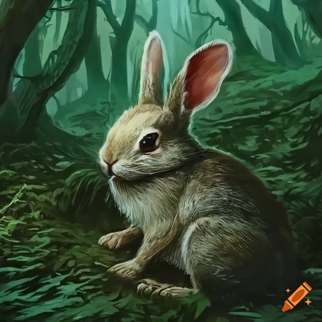 Mtg card of a rabbit hiding in bushes in a forest on Craiyon