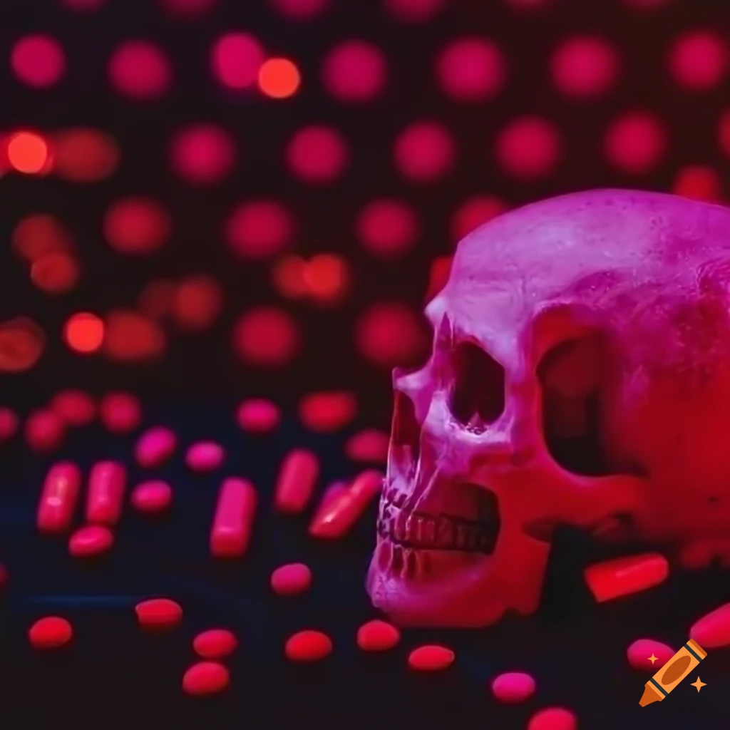 Skull surrounded by colorful pills with tropical plants and neon grid in the background