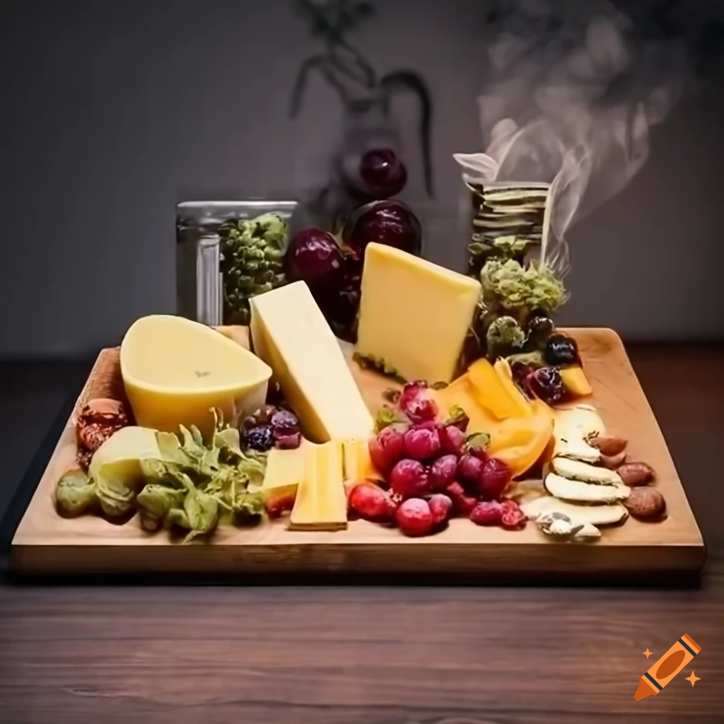 Delicious charcuterie board with cheeses and fruits on a table in a cannabis-themed environment