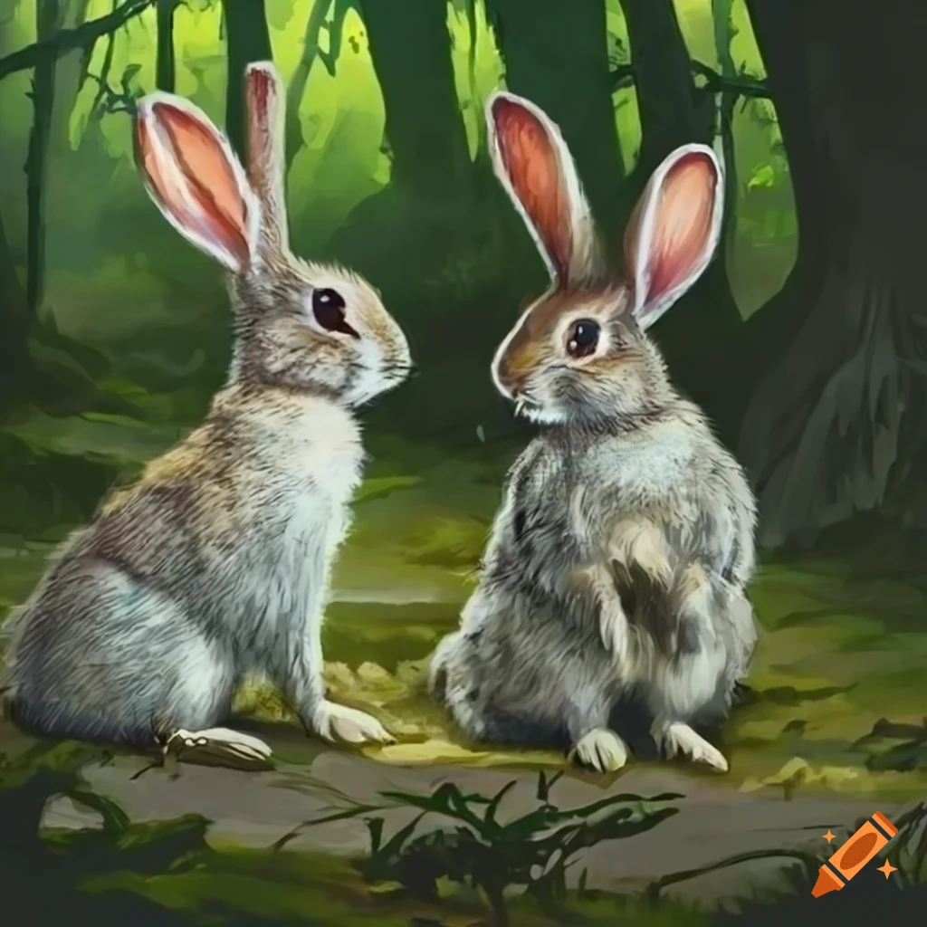 Mtg card featuring two gray rabbits in a forest on Craiyon