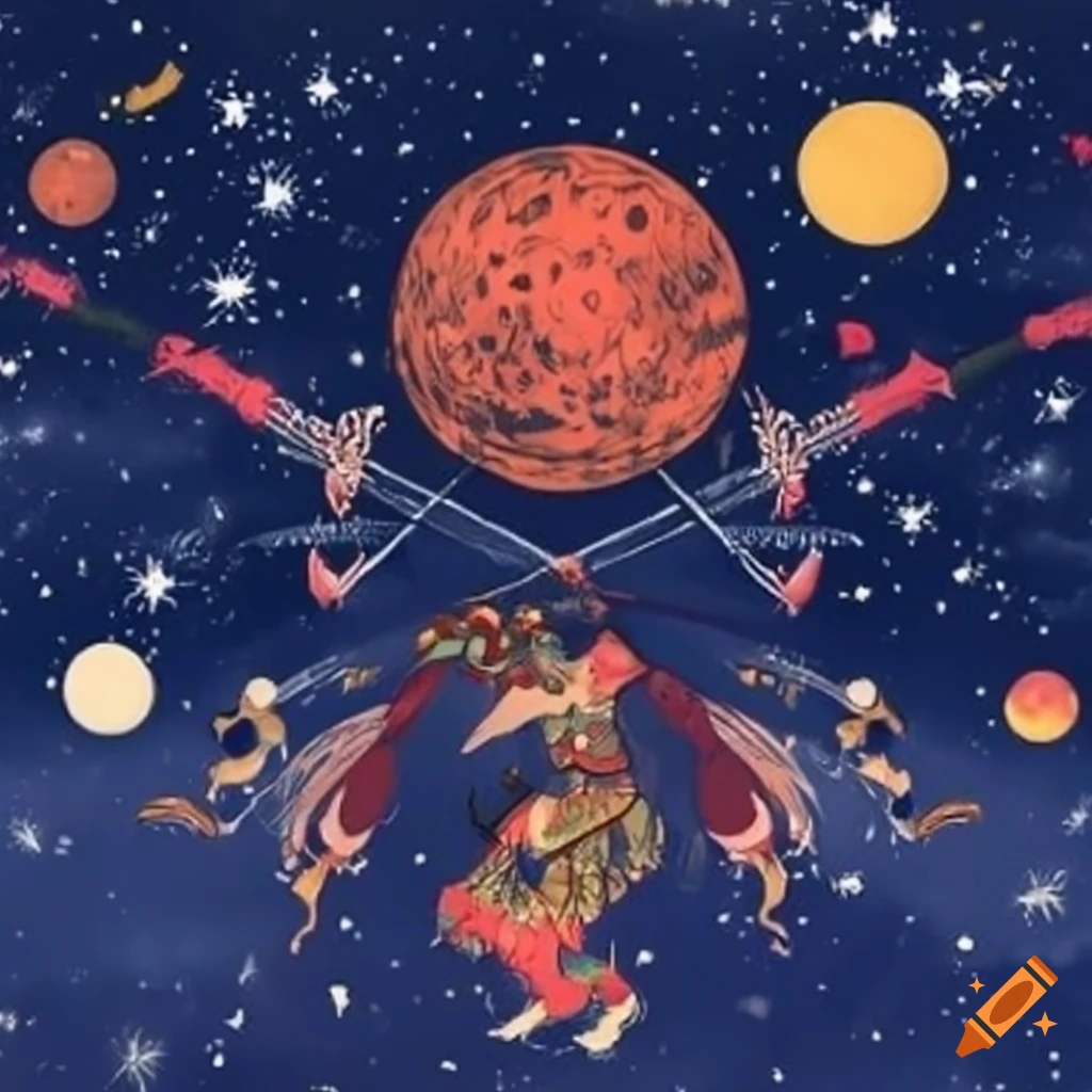 Epic battle of elegant warriors in a bamboo forest under a starry sky