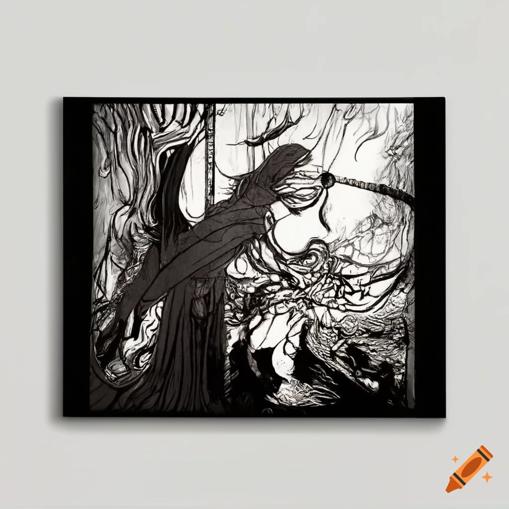 Black warrior and white warrior fighting in a bamboo forest at sunrise in a Yoshitaka Amano inspired artwork