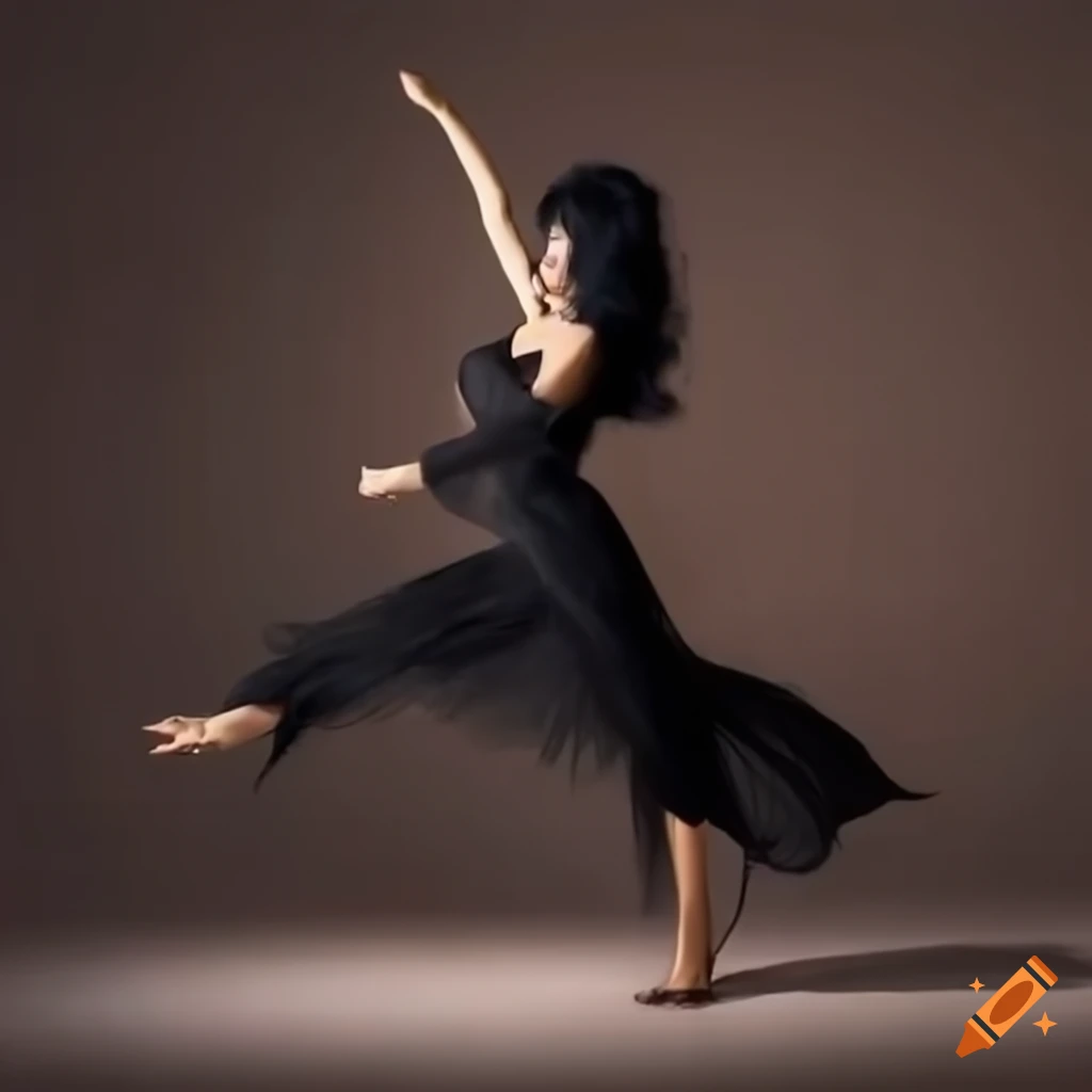 Elegant woman with black hair dancing among playful bats in a dimly lit room