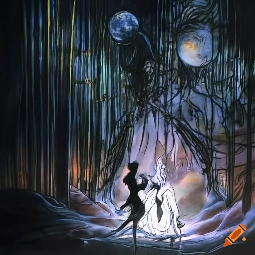 Black warrior vs white warrior fight in a bamboo forest under starry night sky with planets