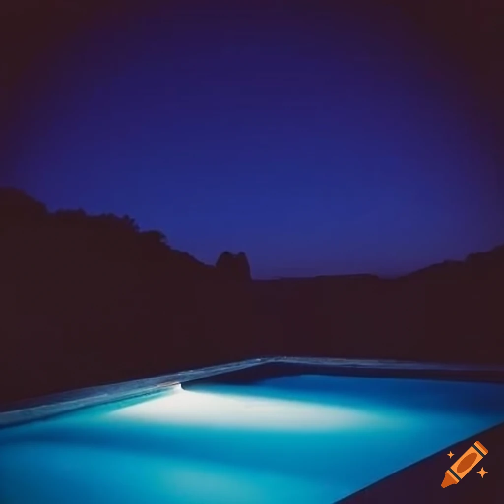 Night outdoor pool with violet lighting in low-fi Polaroid style