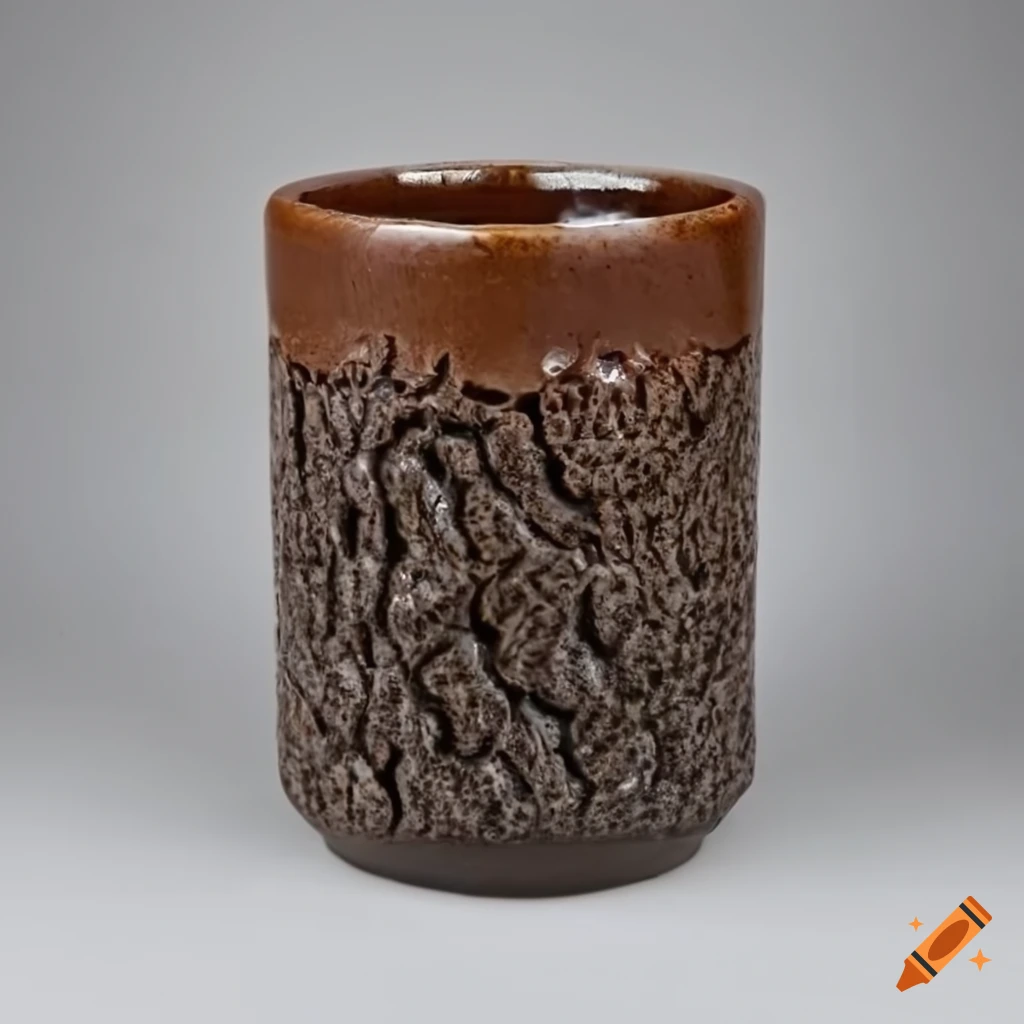 Dark brown burnt clay cylinder with crocodile ash glaze and quartz crystals
