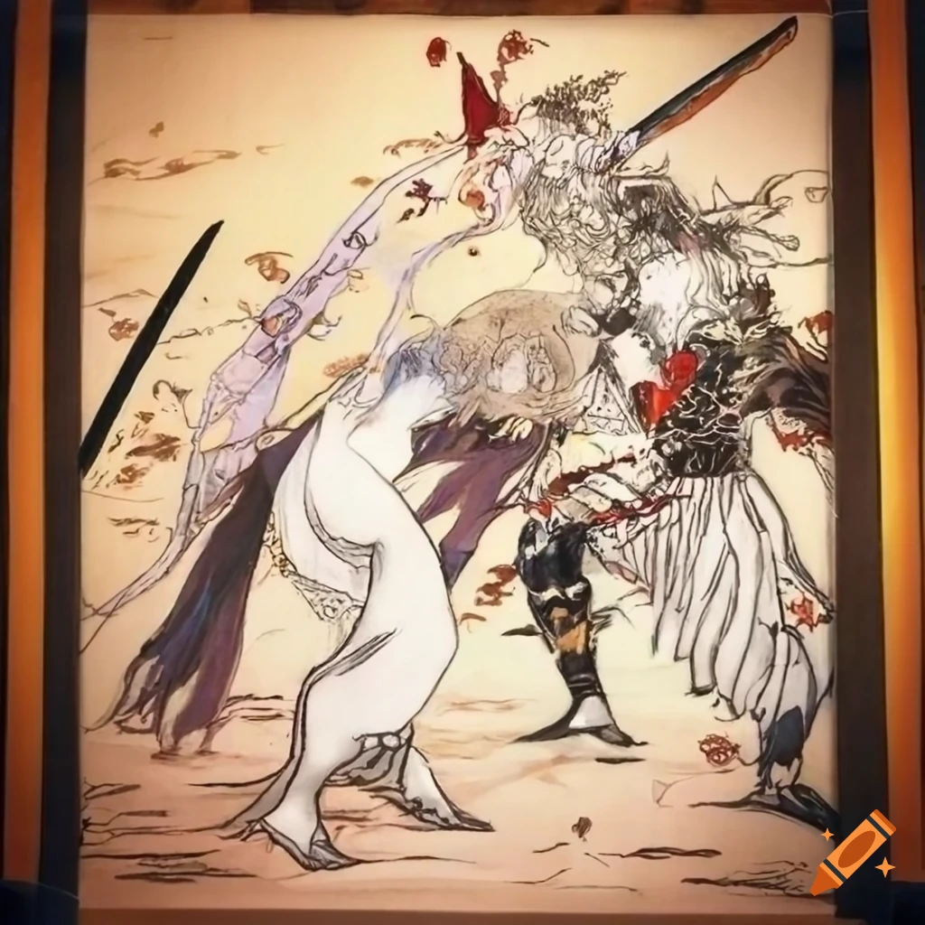 Black warrior battles white warrior in a bamboo forest at sunrise, Yoshitaka Amano style