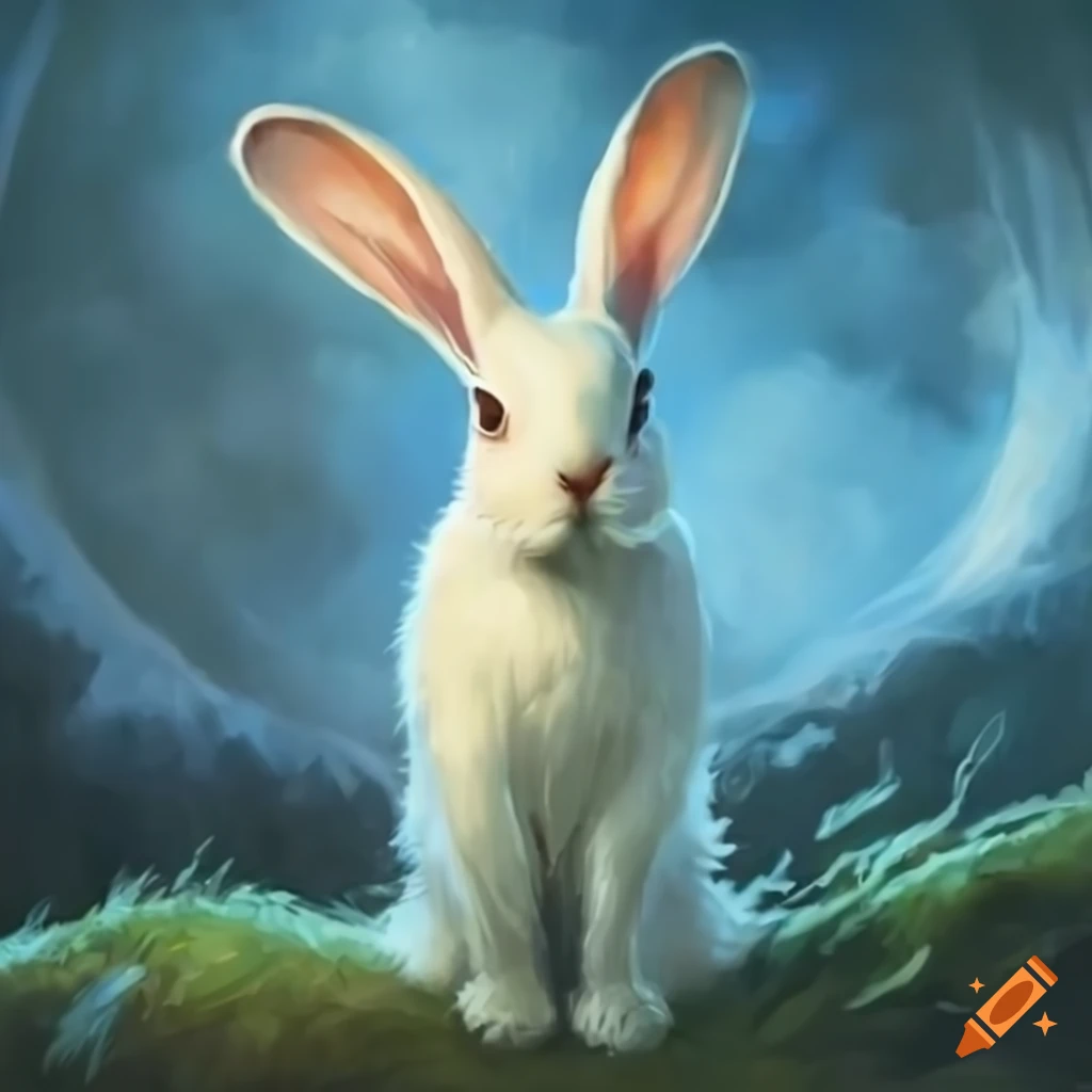 White rabbit standing on a hill in a beam of light in a magical scene ...