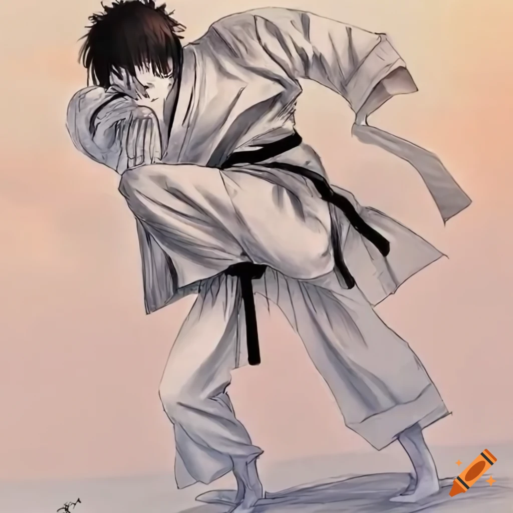 Karate fight in Tokyo - Strong male character fighting a monster in anime art