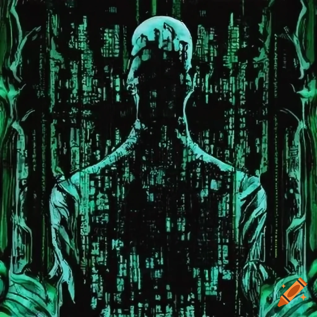 Hacker trapped in the Matrix in Ukiyo-e style artwork with manga influence
