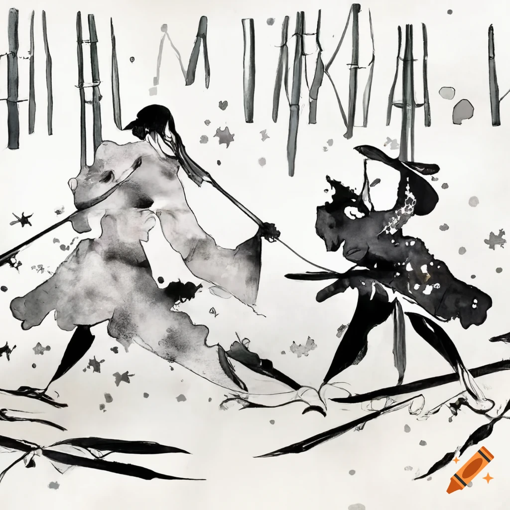 Battle between elegant warriors in a sunlit bamboo forest under a starry sky, inspired by Yoshitaka Amano