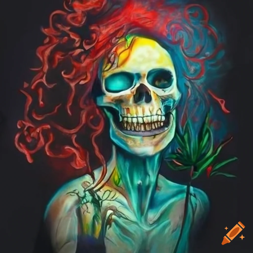 Death personified enjoying fresh cannabis with a friendly demonic touch