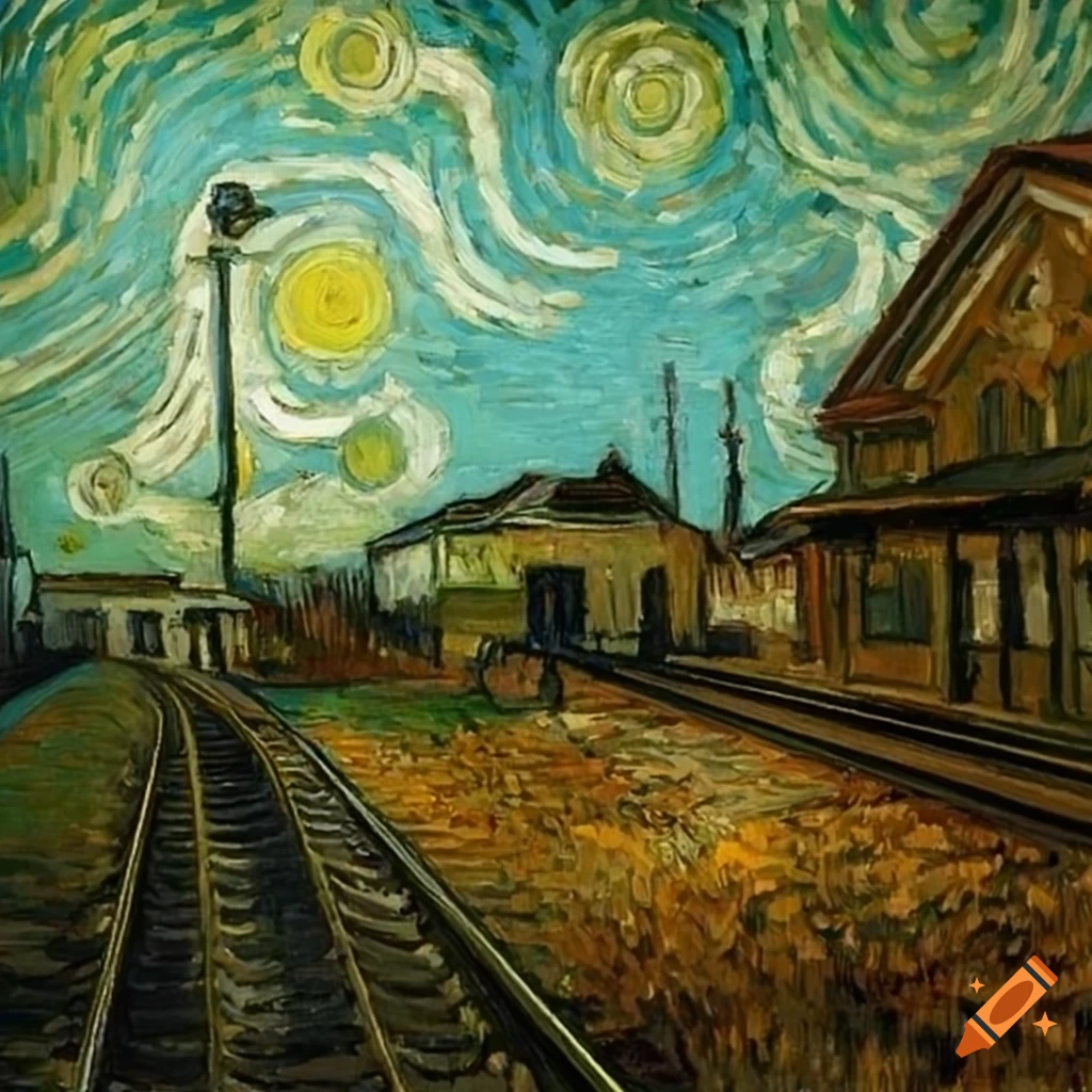 Wide angle view of a small train station in Van Gogh style