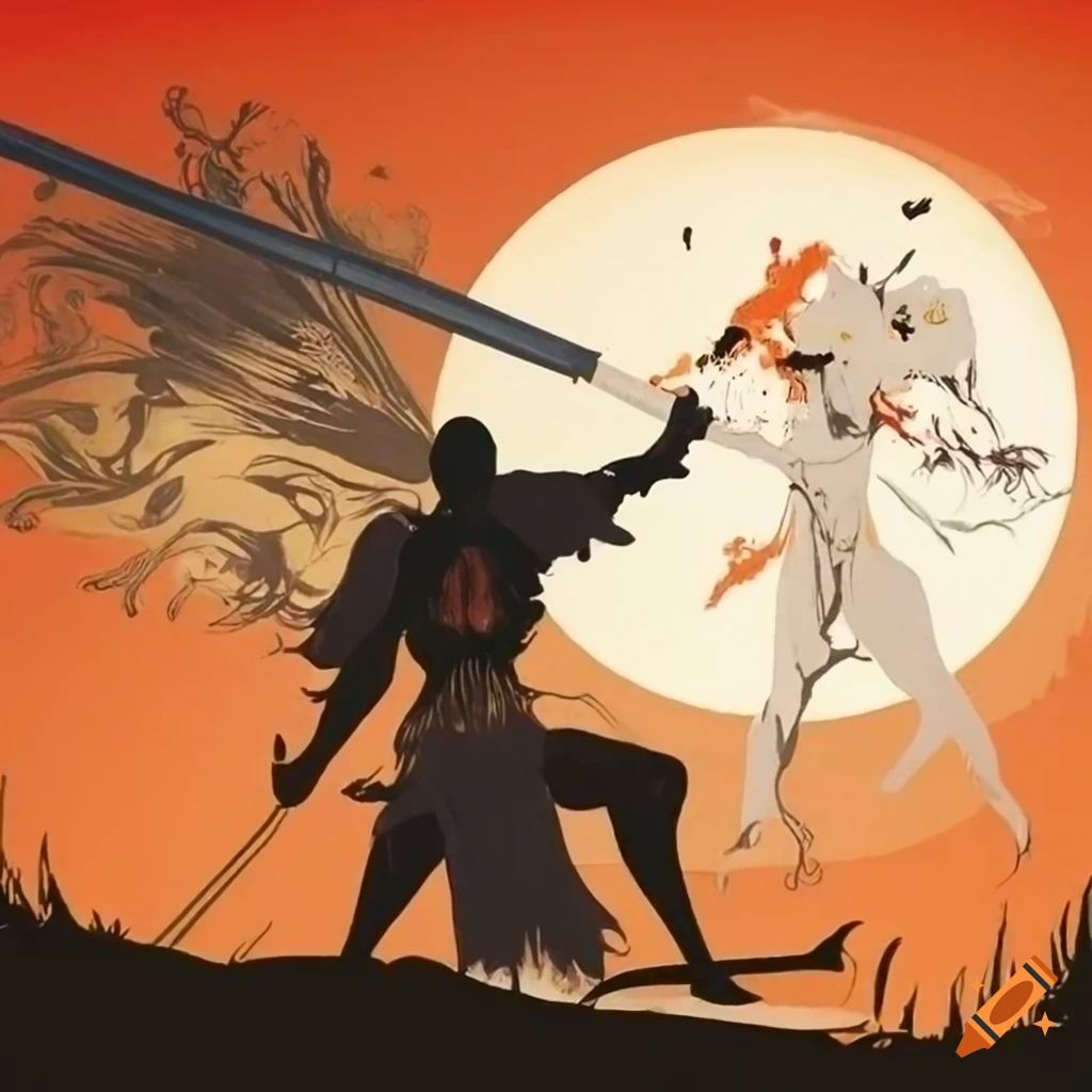 Black and white warriors fighting in a bamboo forest at sunset, inspired by Yoshitaka Amano