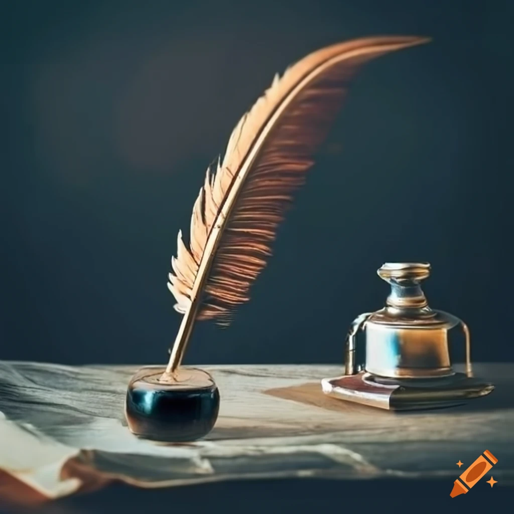 Quill and inkwell on parchment against a dark background