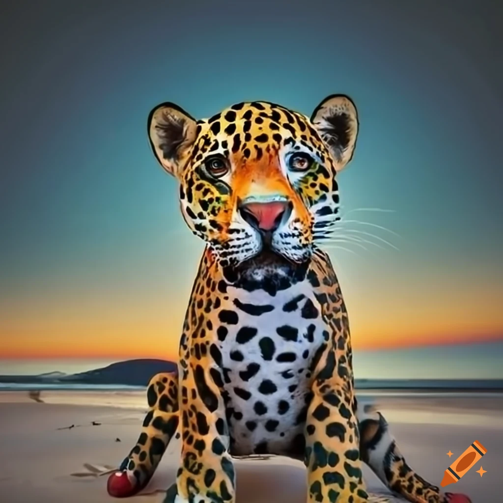 Jaguar painting on the beach with the moon in the background