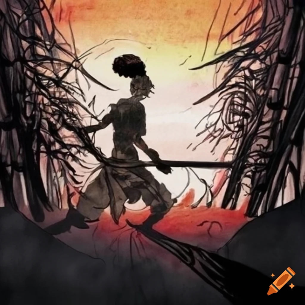 Black and white warriors battle in a bamboo forest under a sunset sky